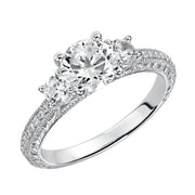 This eye-catching 3-stone engagement sparkles with its diamond prong set band with engraving and milgrain details