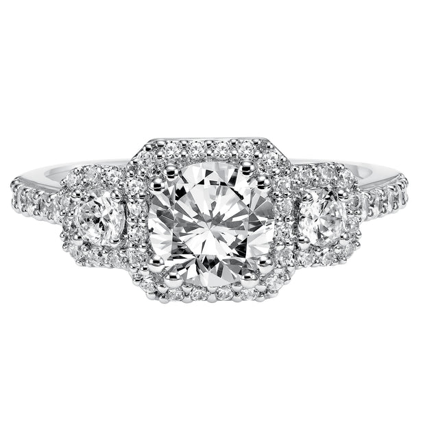 3-stone diamond engagement ring features prong set diamond halos surrounding each diamond whilst paired with a matching diamond band