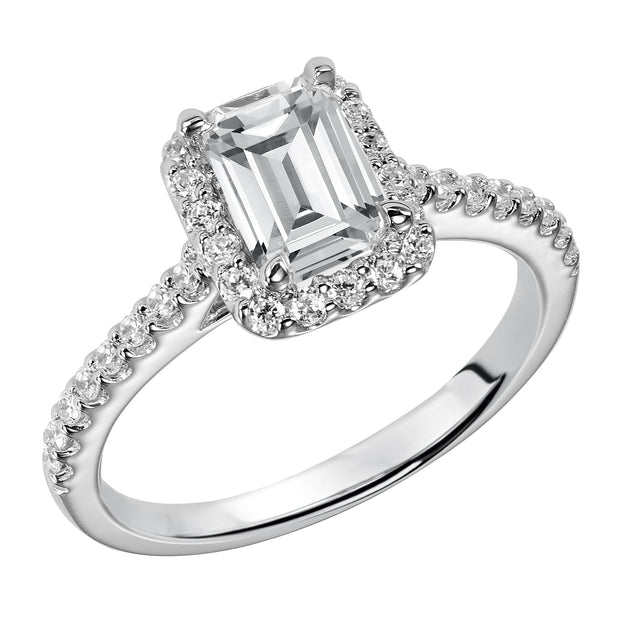 This timeless engagement ring features a diamond exquisitely enhanced with a prong set diamond halo and band