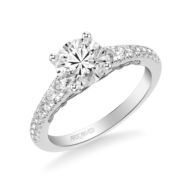 Lyric Engagement Ring with Carved Gallery details and Graduated Diamond Shank