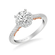 Lyric Engagement Ring with Round Diamond Halo and Carved Gallery details with  Diamond Shank