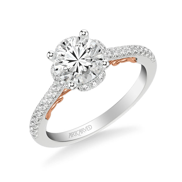 Lyric Engagement Ring with Round Diamond Halo and Carved Gallery details with  Diamond Shank