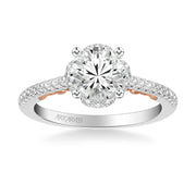 Lyric Engagement Ring with Round Diamond Halo and Carved Gallery details with  Diamond Shank