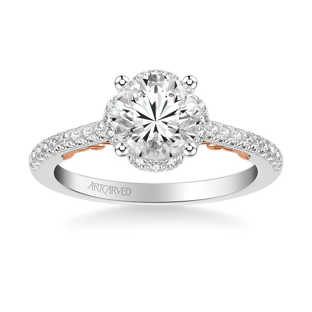 Lyric Engagement Ring with Round Diamond Halo and Carved Gallery details with  Diamond Shank