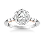 Lyric Engagement Ring with Round Diamond Halo and Carved Gallery details with Polished Shank