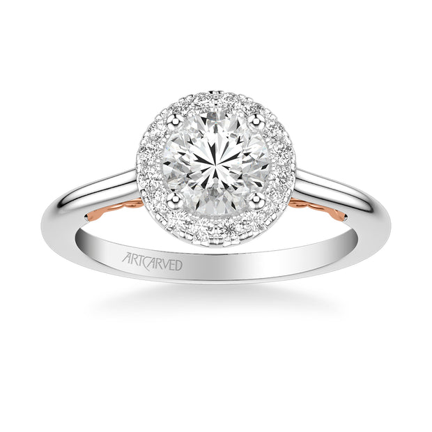 Lyric Engagement Ring with Round Diamond Halo and Carved Gallery details with Polished Shank