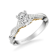 Lyric Engagement Ring with Carved Gallery details and Alternating Diamond and Polish Twist Shank