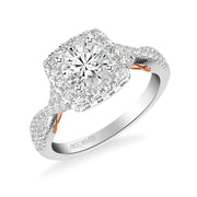 Lyric Engagement Ring with Cushion Diamond Halo and Carved Gallery details with Twist Diamond Shank