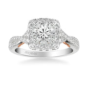 Lyric Engagement Ring with Cushion Diamond Halo and Carved Gallery details with Twist Diamond Shank