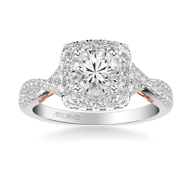 Lyric Engagement Ring with Cushion Diamond Halo and Carved Gallery details with Twist Diamond Shank