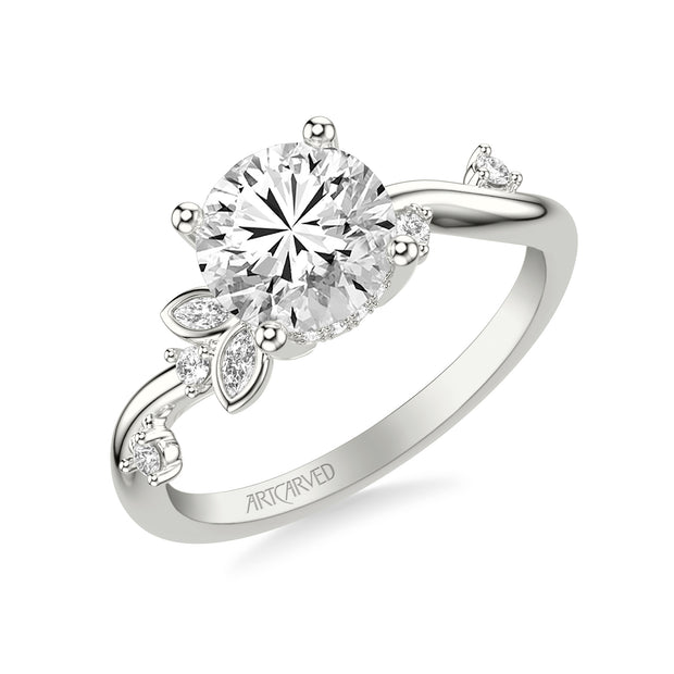 Floral Engagement Ring with Asymmetrical Marquise Diamond Petals and Round Floating Diamond Accent Shank