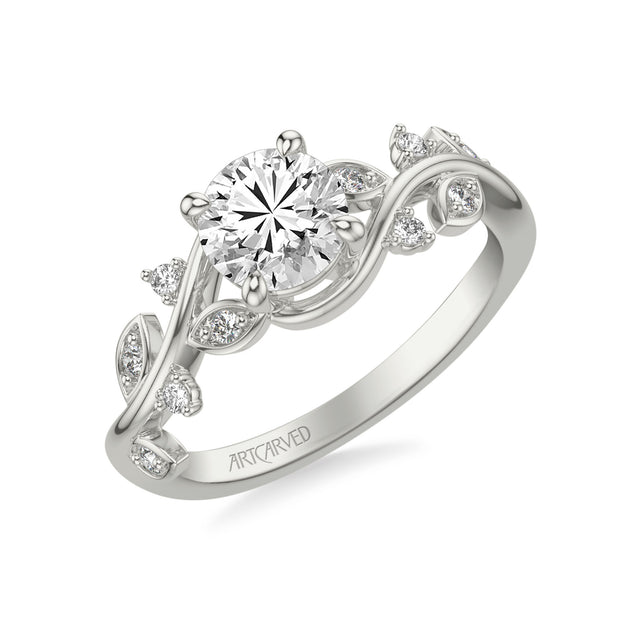 Floral Engagement Ring with Diamond Petal Accents and Floating Diamonds and Polished Shank