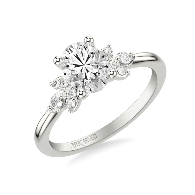 Floral Engagement Ring with Three Diamond Petals and Polished Shank
