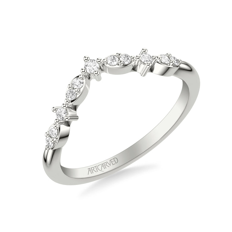 Floral Curved Wedding Band with Prong Set Round Diamonds