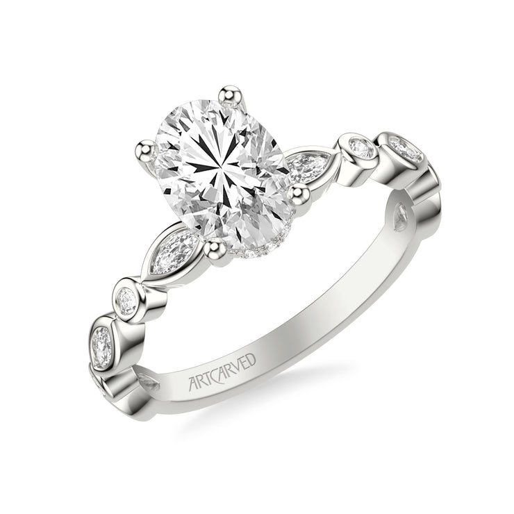 Floral Engagement Ring with Hidden Diamond Halo and Alternating Bezel Set Marquise and Round Diamonds