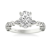Floral Engagement Ring with Hidden Diamond Halo and Alternating Bezel Set Marquise and Round Diamonds