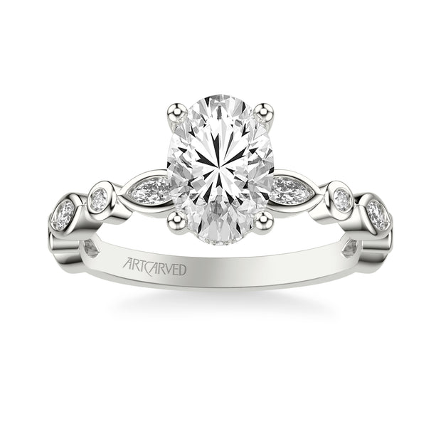Floral Engagement Ring with Hidden Diamond Halo and Alternating Bezel Set Marquise and Round Diamonds