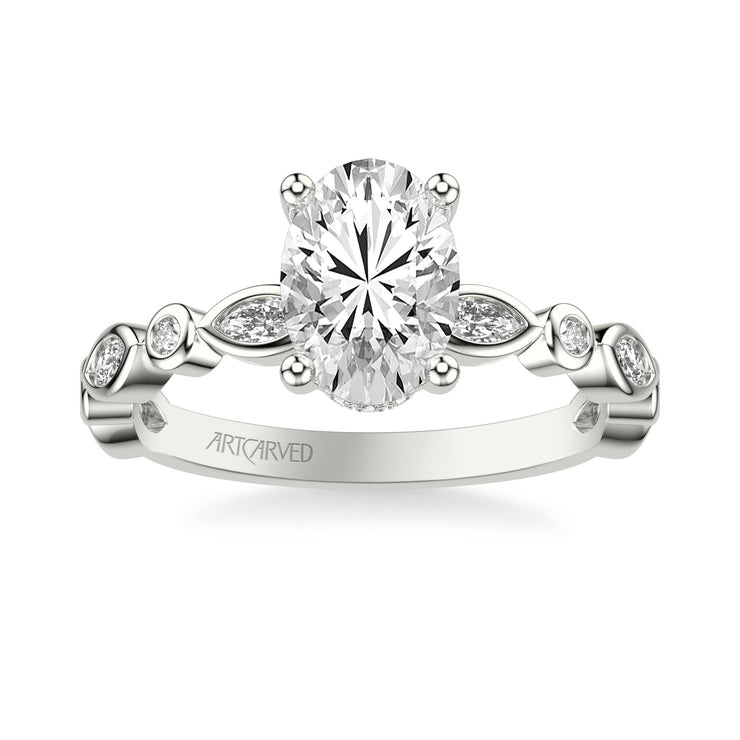 Floral Engagement Ring with Hidden Diamond Halo and Alternating Bezel Set Marquise and Round Diamonds