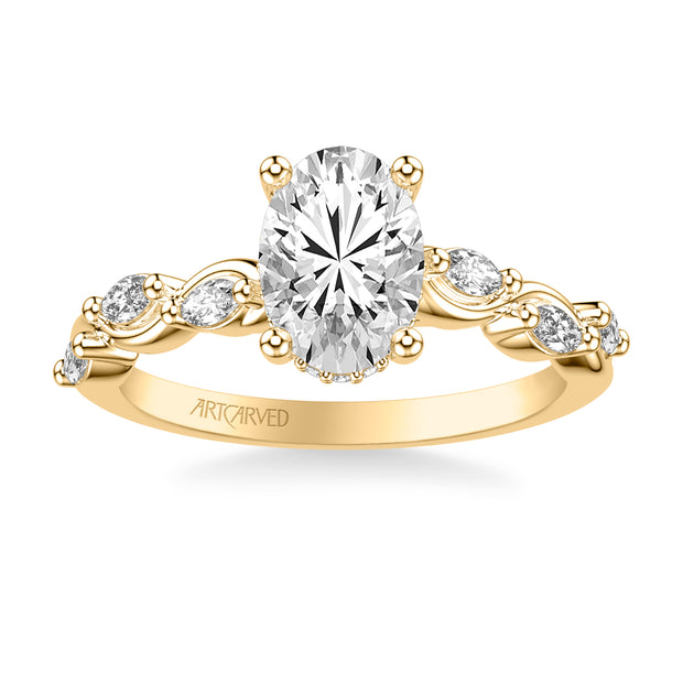 Floral Engagement Ring with Hidden Diamond Halo and Twisted Vine Bezel Set Marquise Diamonds