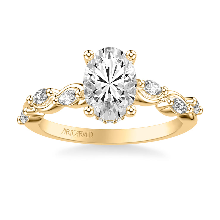 Floral Engagement Ring with Hidden Diamond Halo and Twisted Vine Bezel Set Marquise Diamonds