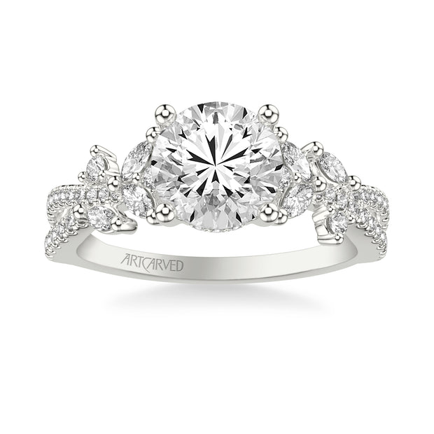 Floral Twist Engagement Ring with Hidden Diamond Halo and Prong Set Marquise and Round Diamond Accents