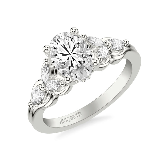 Floral Engagement Ring with Bezel Set Marquise Diamond Petals and Pear Diamond Accents with Double Row Polished Shank