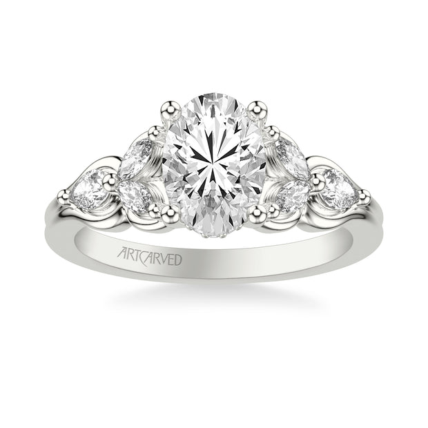 Floral Engagement Ring with Bezel Set Marquise Diamond Petals and Pear Diamond Accents with Double Row Polished Shank