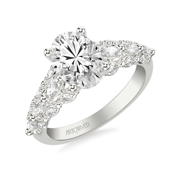 Classic Engagement Ring with Cathedral Shank and Graduated Triple Row Prong Set Round and Marquise Diamond Shank