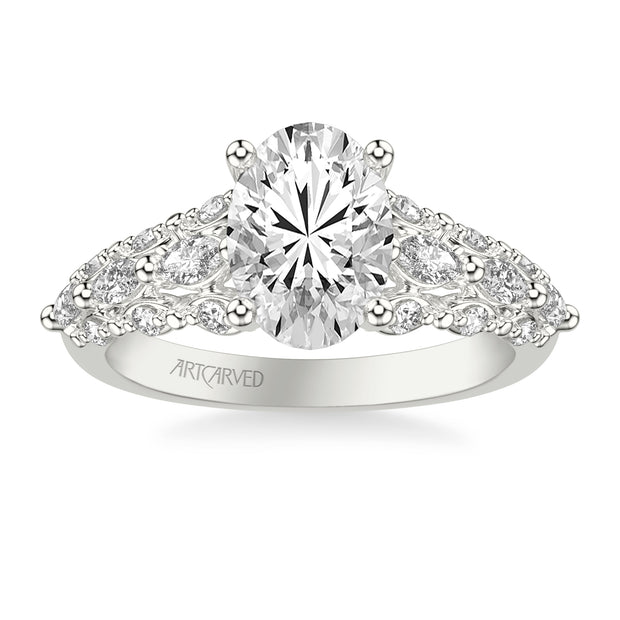 Classic Engagement Ring with Cathedral Shank and Graduated Triple Row Prong Set Round and Marquise Diamond Shank