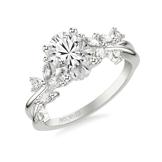 Floral Engagement Ring with Prong Set Marquise and Round Diamond Accents and Twisted Polished Shank