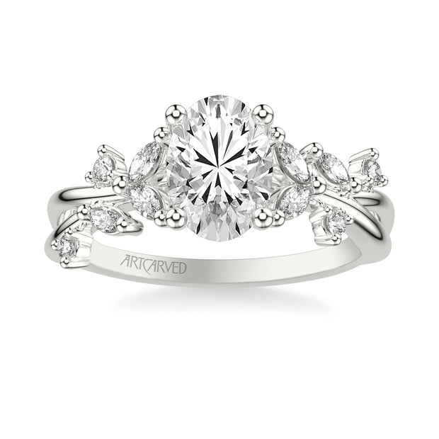 Floral Engagement Ring with Prong Set Marquise and Round Diamond Accents and Twisted Polished Shank
