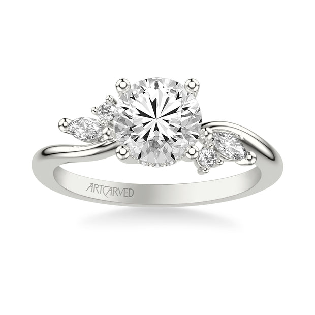 Floral Engagement Ring with Prong Set Marquise and Round Diamond Accents and Bypass Polished Shank