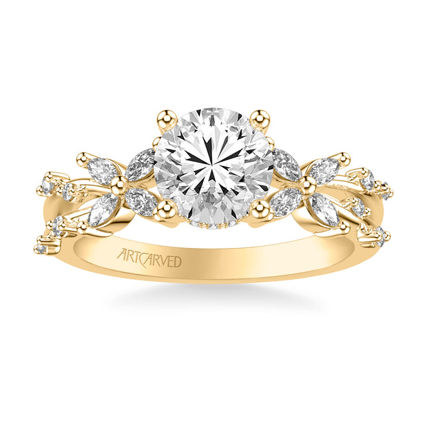 Floral Engagement Ring with Prong Set Marquise Diamond Petal Accents and Polished Bypass Shank