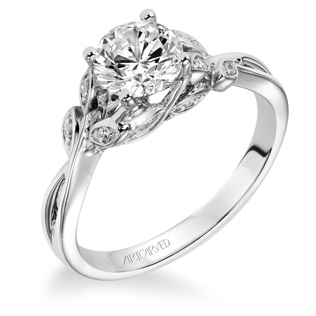Floral Engagement Ring with Hidden Diamond Petal Accents and Polished Bypass Shank
