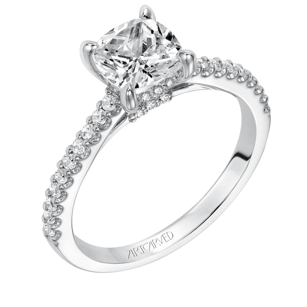 Willa, Classic prong set diamond engagement ring with diamond detailed crown and bridge with diamond accented shank