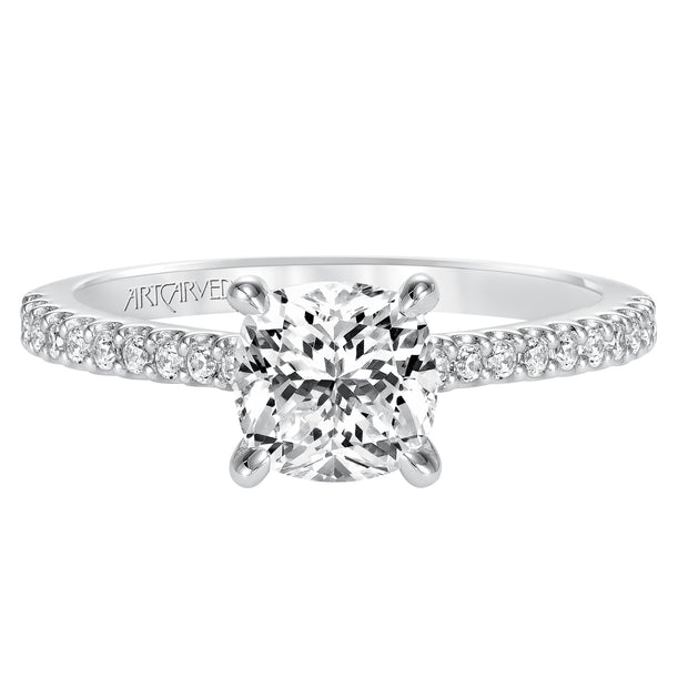 Willa, Classic prong set diamond engagement ring with diamond detailed crown and bridge with diamond accented shank
