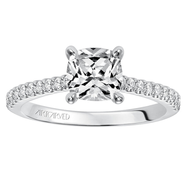 Willa, Classic prong set diamond engagement ring with diamond detailed crown and bridge with diamond accented shank