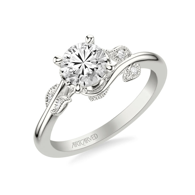 Floral Engagement Ring with Diamond and Milgrain Accented Petal Gallery and Polished Shank