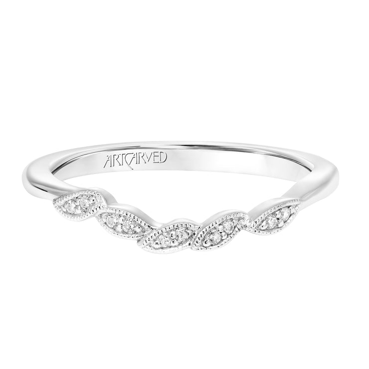 Floral Curved Wedding Band with Diamond and Milgrain Petal Accents
