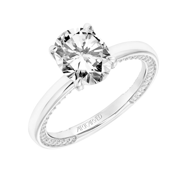 Diamond Engagement Ring with High Polished Shank with Diamond Accented Prongs & Row of Interior Diamonds