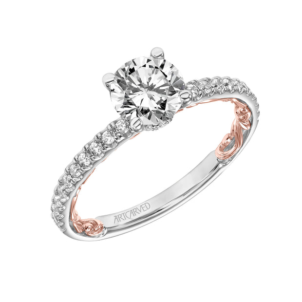 Lyric Engagement Ring with Diamond Collar and Inner Carved details and Diamond Shank