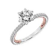 Lyric Engagement Ring with Six Prong Setting and Inner Carved details and Diamond Shank