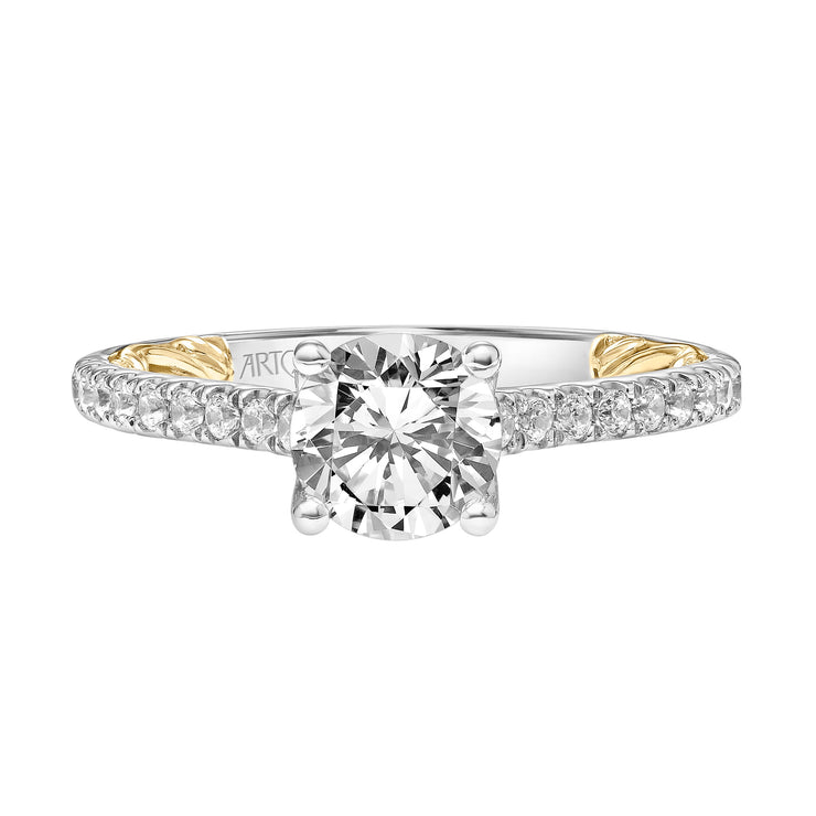 Lyric Engagement Ring with Diamond Accent basket and Inner Carved details and Graduated Diamond Shank