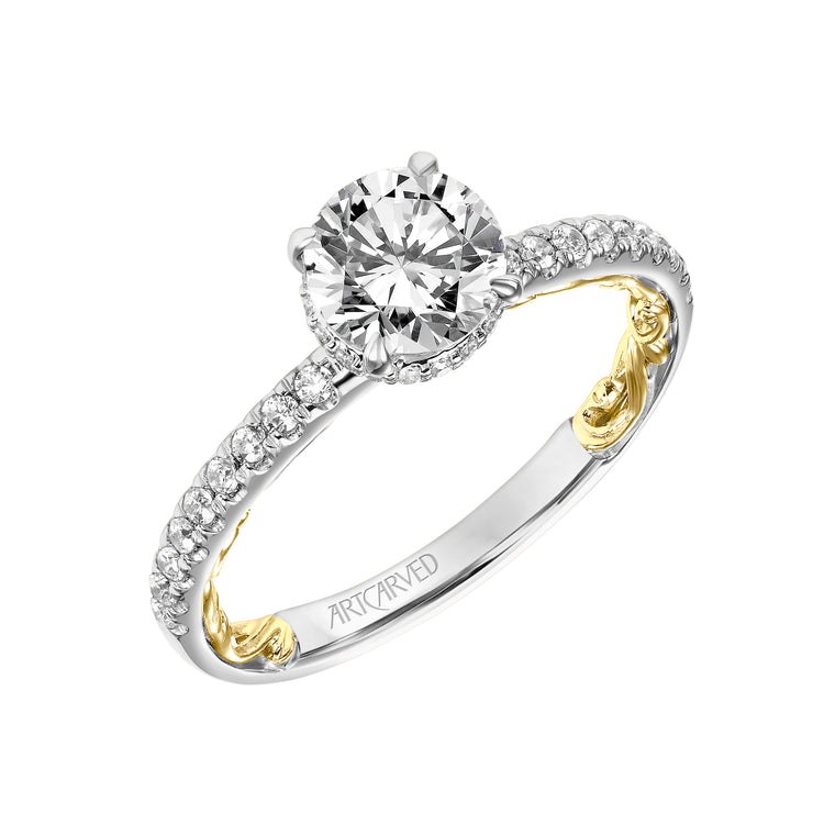 Lyric Engagement Ring with Hidden Diamond Halo and Inner Carved details and Diamond Shank