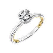 Lyric Solitaire Diamond Engagement Ring with Hidden Diamond Halo and Inner Carved details and Polished Shank