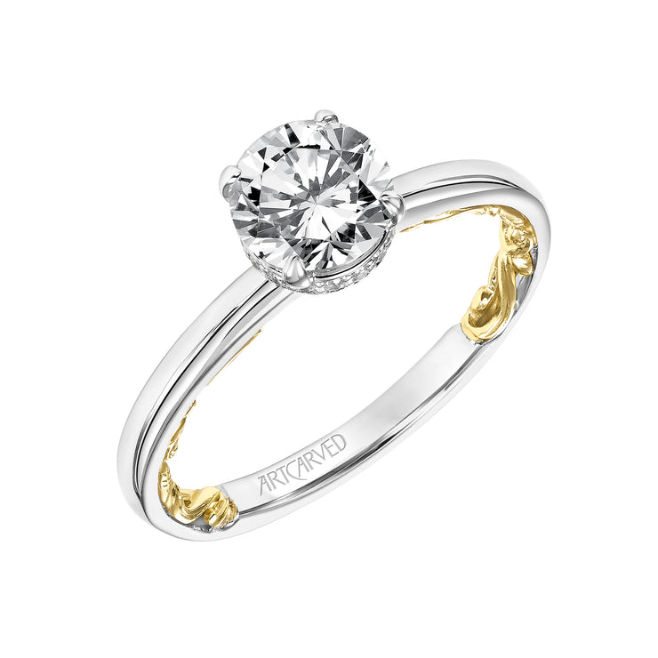 Lyric Solitaire Diamond Engagement Ring with Hidden Diamond Halo and Inner Carved details and Polished Shank