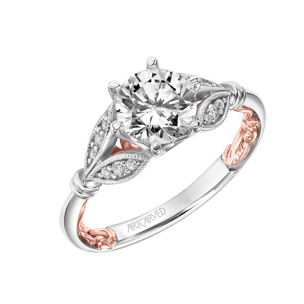 Lyric Engagement Ring with Six Prong Setting and Inner Carved details and Milgrian Petal Accents with Polished Shank