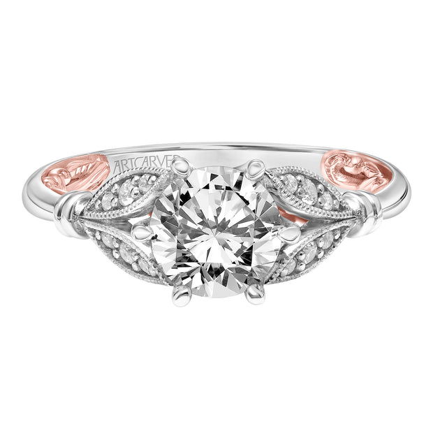 Lyric Engagement Ring with Six Prong Setting and Inner Carved details and Milgrian Petal Accents with Polished Shank