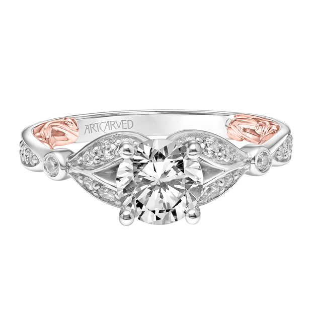 Lyric Engagement Ring with Inner Carved details and Milgrain Petal Accents and Diamond Shank