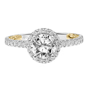 Lyric Engagement Ring with Round Diamond Halo and Accented Diamond Gallery with Inner Carved details and Diamond Shank